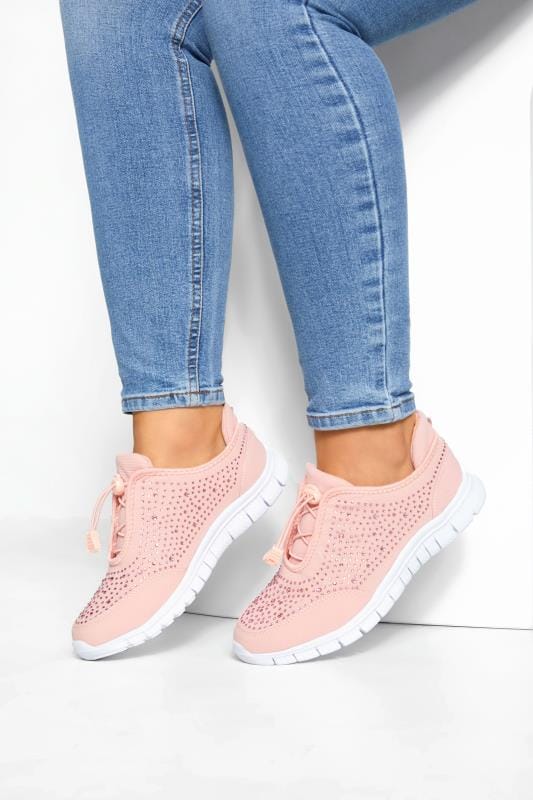 Pink Embellished Trainers In Extra Wide 