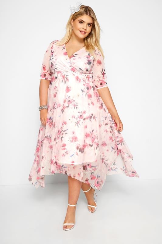 pink floral wrap dip hem dress