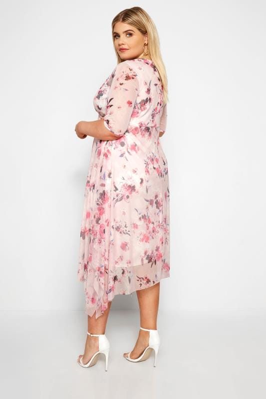 Pink Floral Mesh Wrap Dress | Sizes 16-36 | Yours Clothing