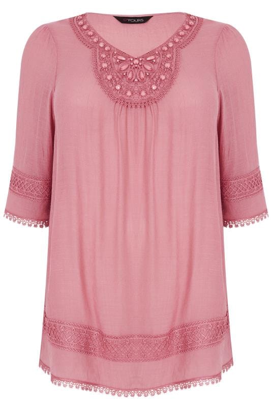 Pink Longline Top With Embellished Neckline & Lace Trim, plus size 16 ...