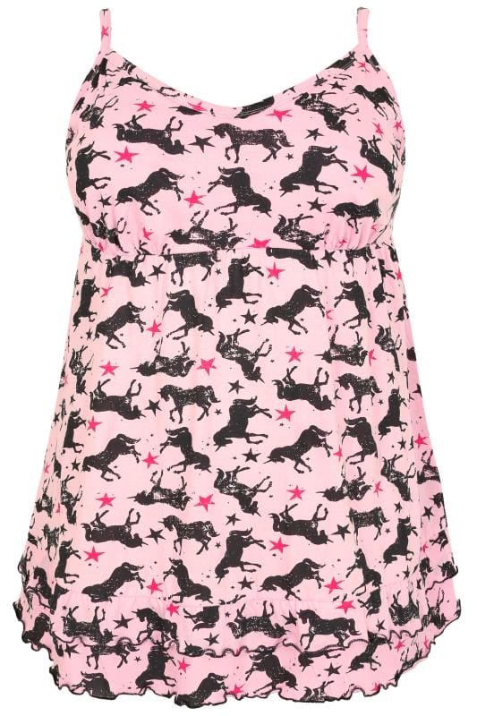 Pink Longline Unicorn Print Pyjama Cami Top With Frilled Hem, Plus size 16 to 36 3