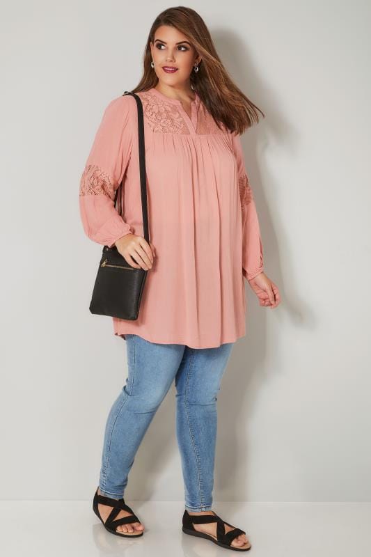Pink Mesh Lace Longline Blouse, plus size 16 to 36 | Yours Clothing