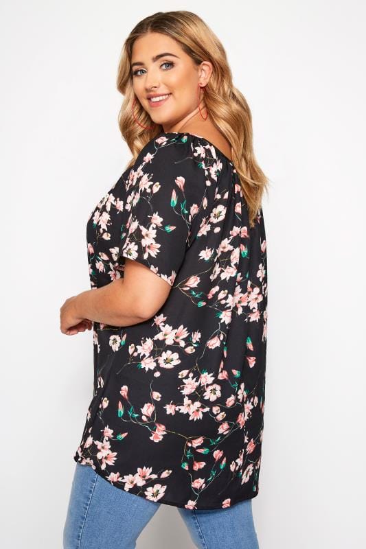 Black Floral Pleated Gypsy Top | Sizes 16-40 | Yours Clothing