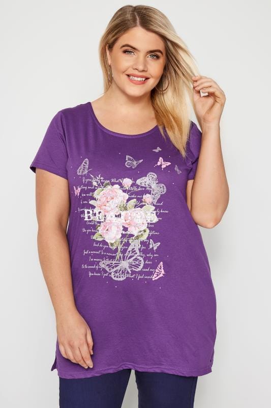 Plus Size Purple Butterfly Sparkle T-Shirt With Lattice Back | Sizes 16 ...