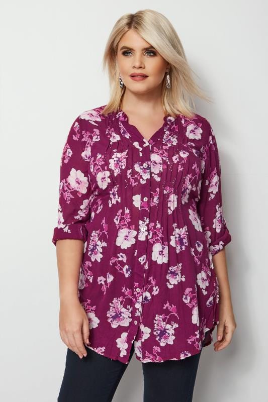 Purple Floral Pintuck Longline Blouse, With Beading Detailing | Yours ...