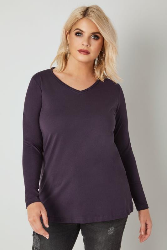Purple Long Sleeved V-Neck Jersey Top, Plus size 16 to 36
