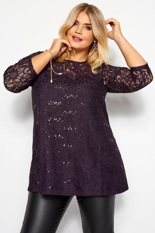 Purple Sequin Lace Swing Top | Yours Clothing