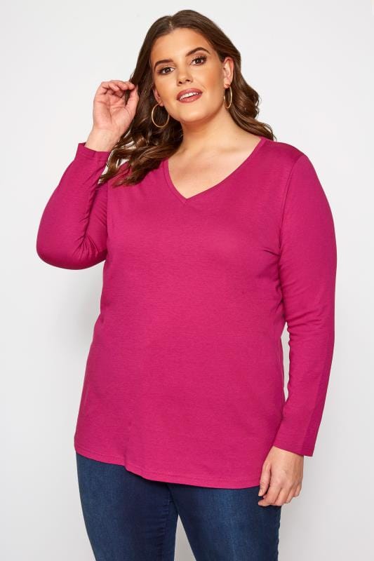 Raspberry V-Neck Long Sleeve Top | Sizes 16-36 | Yours Clothing