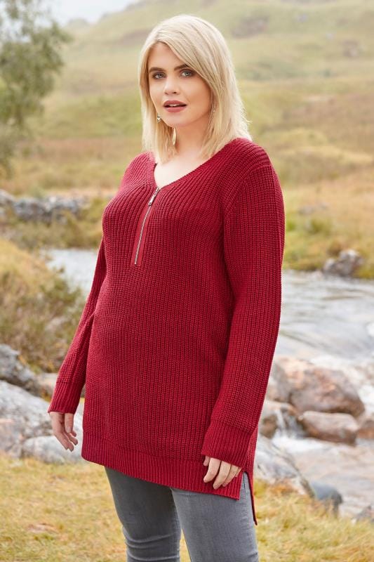 Red Chunky Knit Zip Front Jumper, plus size 16 to 36 Yours Clothing