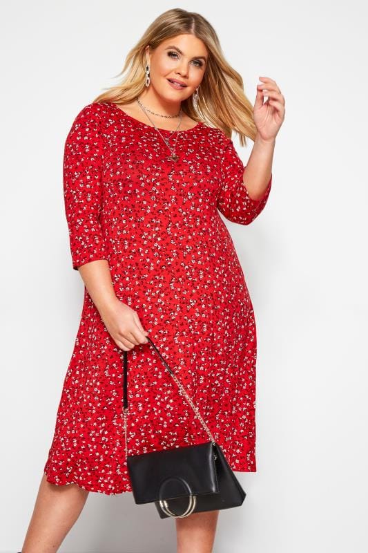 Red Ditsy Floral Swing Dress | Sizes 16-36 | Yours Clothing 1