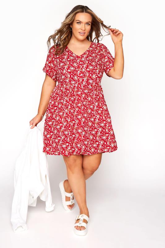 Red Floral Button Through Peplum Dress | Yours Clothing