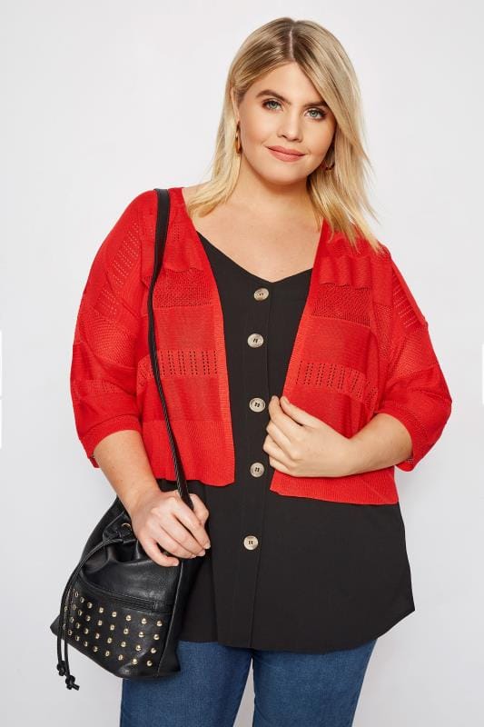 Plus Size Red Pointelle Cropped Cardigan | Sizes 16 to 36 | Yours Clothing