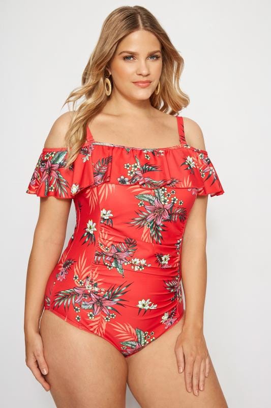 Plus Size Swimsuits Red Tropical Floral Cold Shoulder Swimsuit