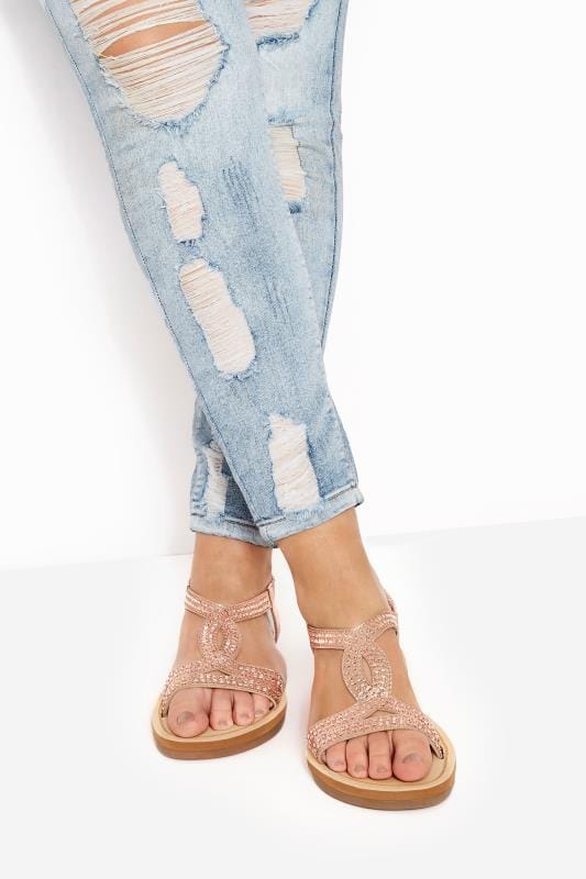 Rose Gold Diamante Twist Sandals In Extra Wide Fit | Yours Clothing