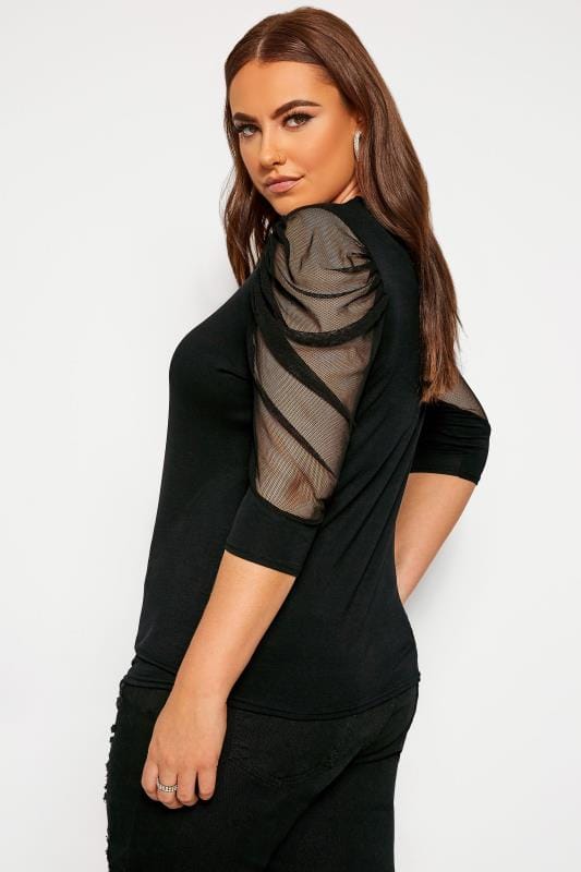 LIMITED COLLECTION Black Ruched Mesh Sleeve Top | Yours Clothing