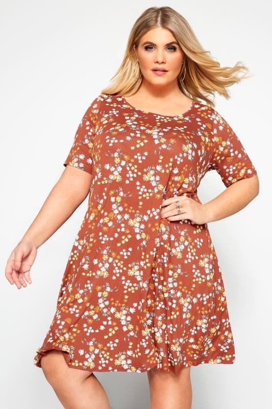 Rust Floral Pocket Swing Dress | Yours Clothing