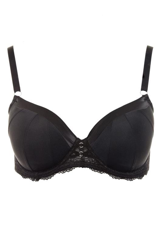 Black Satin Trim Plunge Bra | Yours Clothing