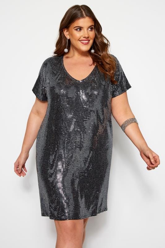 plus size black and silver sequin dress