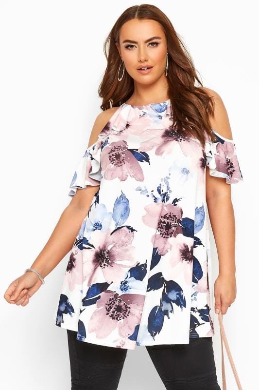 White Floral Cold Shoulder Tunic | Yours Clothing 1