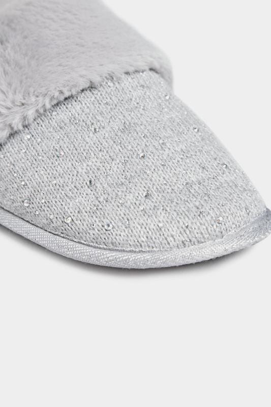 Grey Diamante Faux Fur Slippers In 