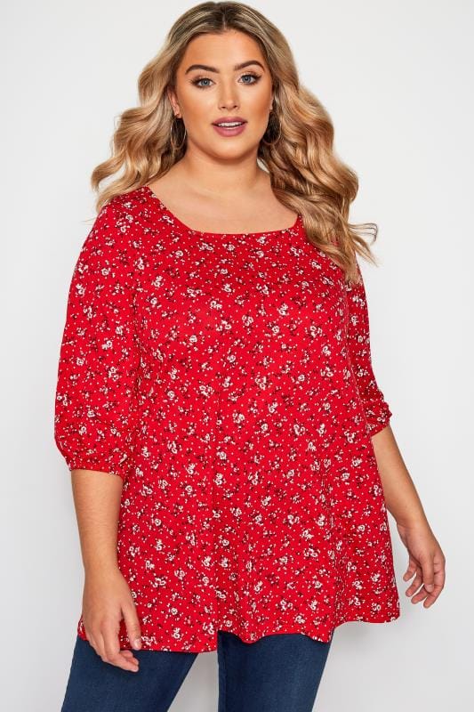 Red Ditsy Floral Print Square Neck Top | Yours Clothing