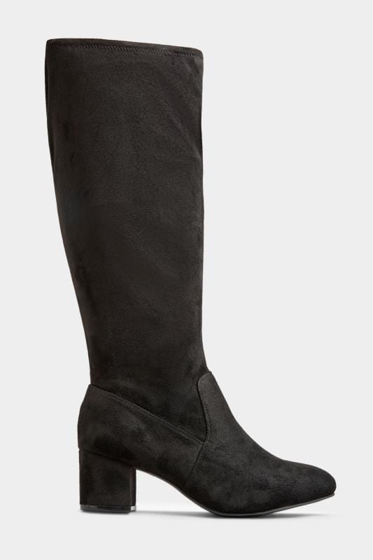 Black Stretch Vegan Faux Suede Knee High Boots In Extra Wide EEE Fit 3