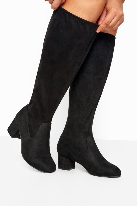 Black Stretch Vegan Faux Suede Knee High Boots In Extra Wide EEE Fit 2