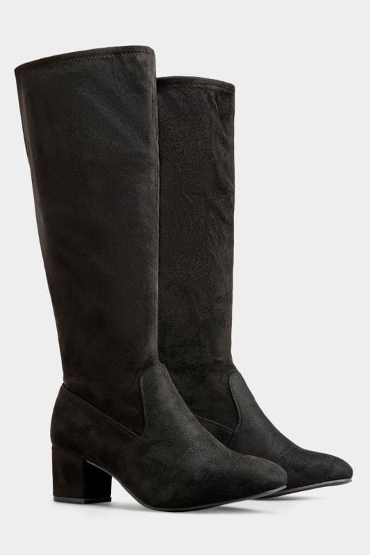 Black Stretch Vegan Faux Suede Knee High Boots In Extra Wide EEE Fit 1