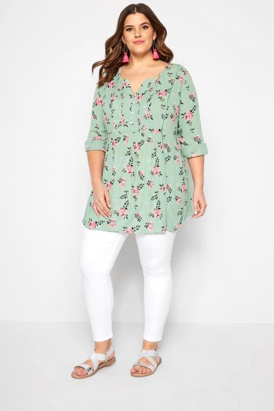 Sage Green Floral Pintuck Top | Sizes 16 to 36 | Yours Clothing