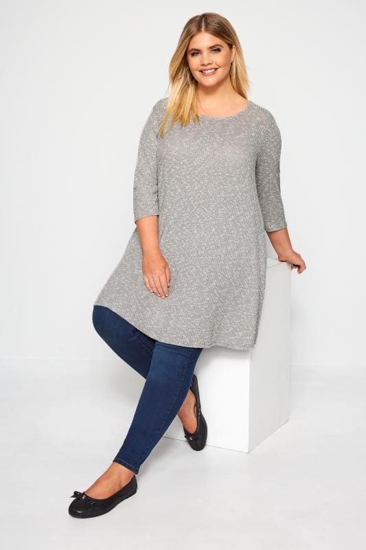 Silver Grey Marl Ribbed Tunic Top | Yours Clothing