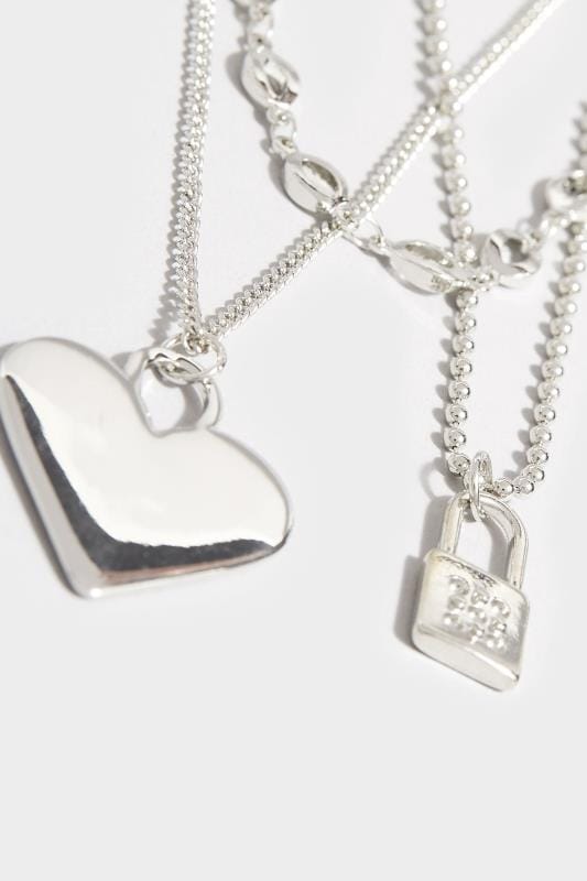 Silver Three Layer Heart Charm Necklace 