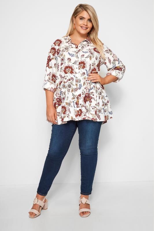 YOURS LONDON White Floral Smock Shirt | Sizes 16-36 | Yours Clothing