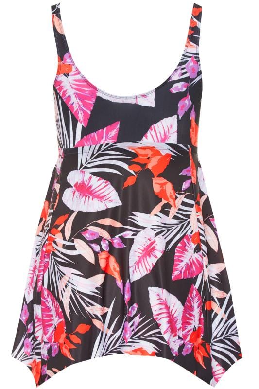 Black Tropical Leaf Print Swim Dress 