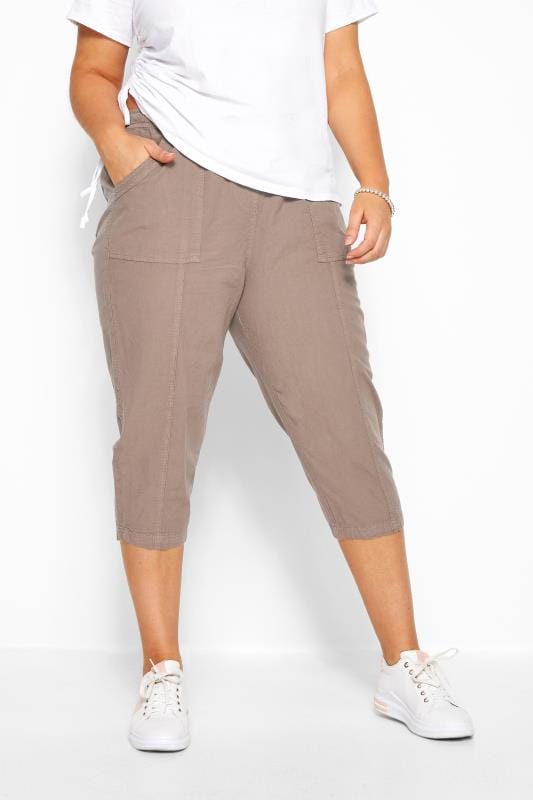 Cropped Trousers Grande Taille Taupe Cotton Cropped Trousers