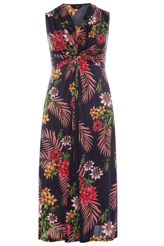 Navy & Pink Tropical Knot Front Maxi Dress | Sizes 16-40 | Yours Clothing