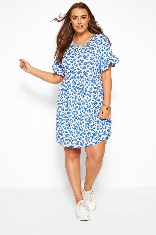 WEDNESDAY'S GIRL White & Blue Floral Smock Dress | Yours Clothing