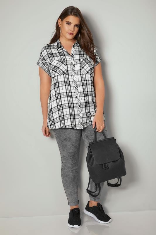 White & Black Checked Shirt With Short Grown-On Sleeves & Metallic Detail, Plus size 16 to 36 2