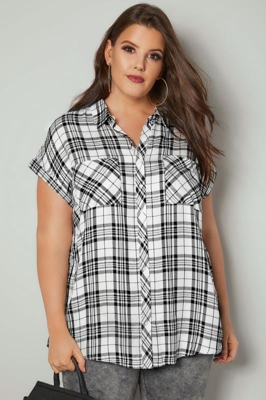 White & Black Checked Shirt With Short Grown-On Sleeves & Metallic Detail, Plus size 16 to 36 1