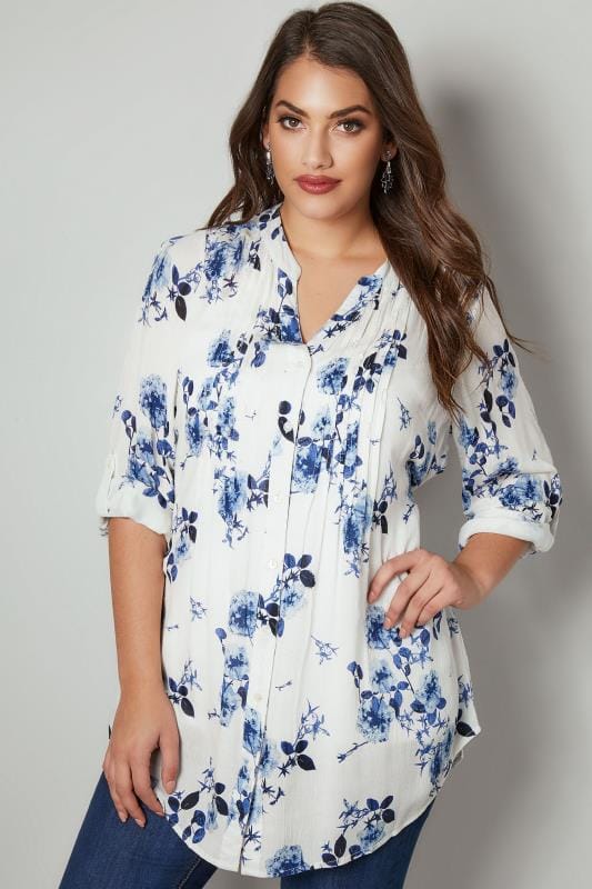 White & Blue Floral Pintuck Longline Blouse With Beading Detail, Plus ...