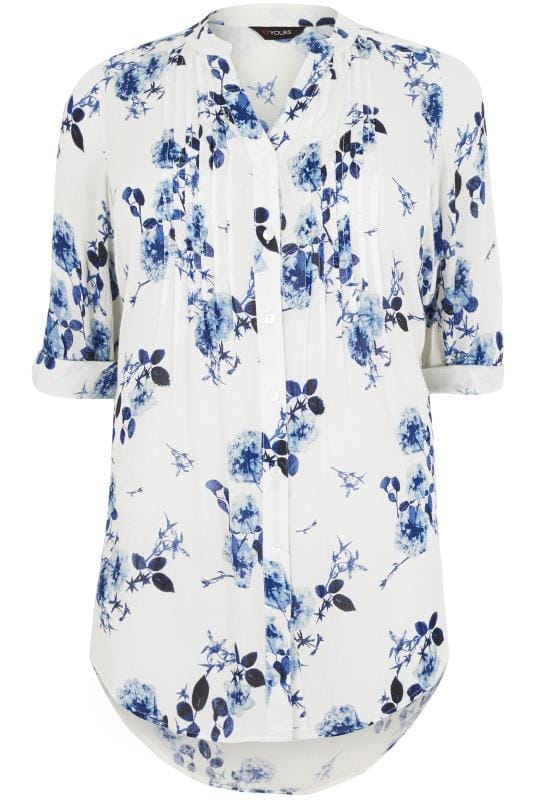 White & Blue Floral Pintuck Longline Blouse With Beading Detail, Plus ...