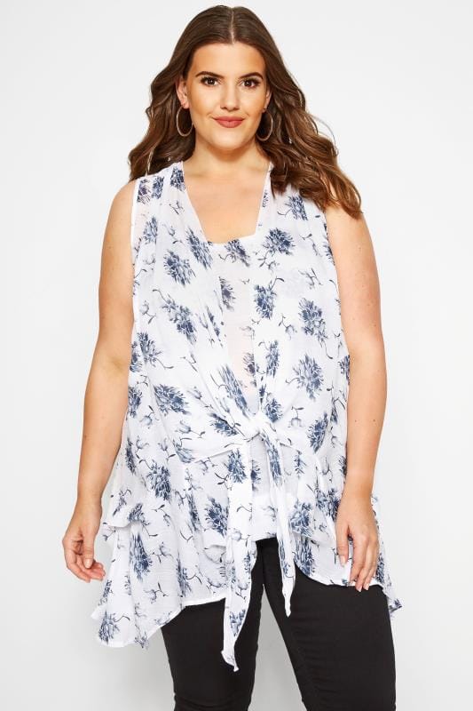 White & Blue Floral Tie Front Blouse | Sizes 16-36 | Yours Clothing