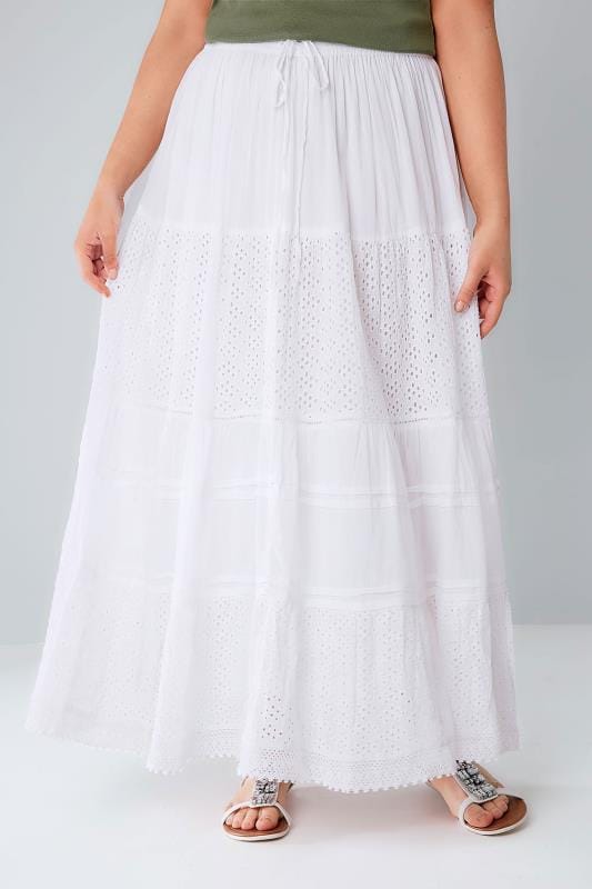 Plus Size Maxi Skirts White Crinkle Cotton Tiered Maxi Skirt With Broderie Anglaise