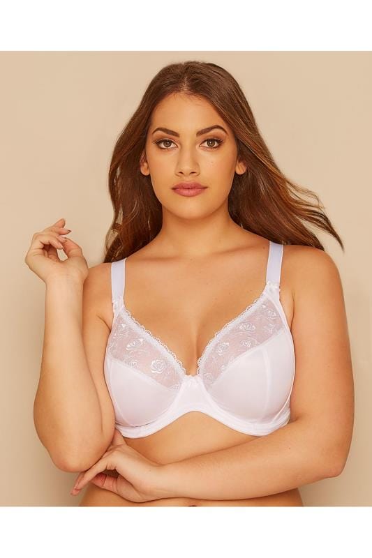White Embroidered Non Padded Bra With Lace Detail Plus Size Yours 4072
