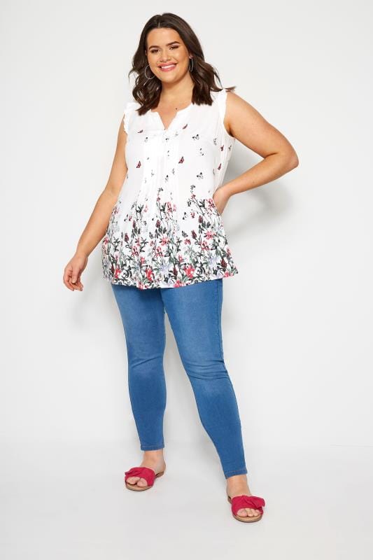 White Floral Border Pintuck Blouse | Plus Size 16 to 36 | Yours Clothing