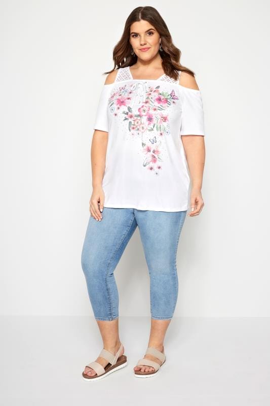 White Floral Laced Cold Shoulder Top | Plus Size 16 to 36 | Yours Clothing