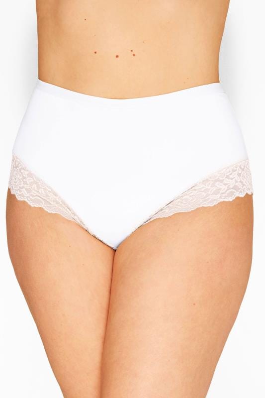 Plus Size White Lace Trim High Leg Knickers | Yours Clothing 1