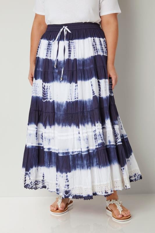 White & Navy Tie Dye Tiered Maxi Skirt With Lace Trim Hem, Plus size 16 ...