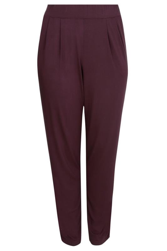 Wine Double Pleat Jersey Harem Trousers, Plus size 16 to 36