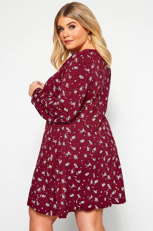 Wine Red Ditsy Floral Print Tunic | Yours Clothing