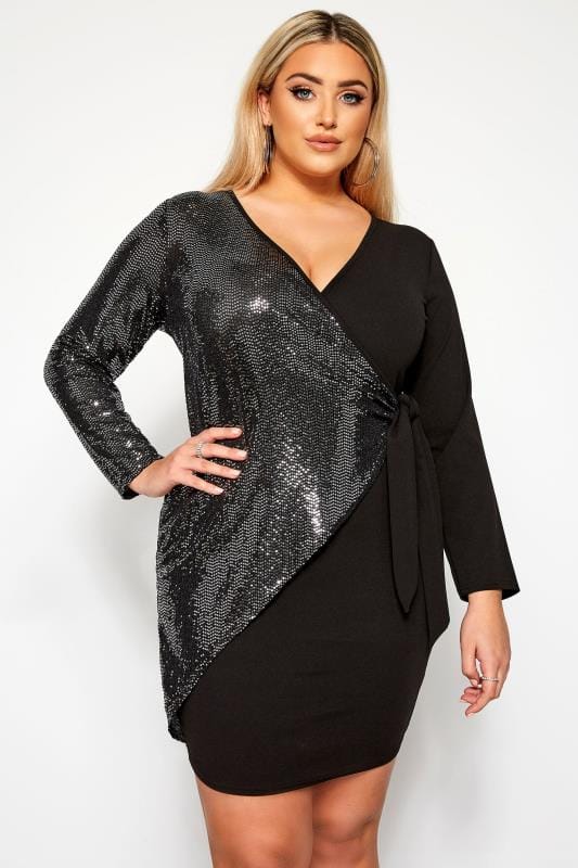 Limited Collection Black Sequin Wrap Dress Yours Clothing